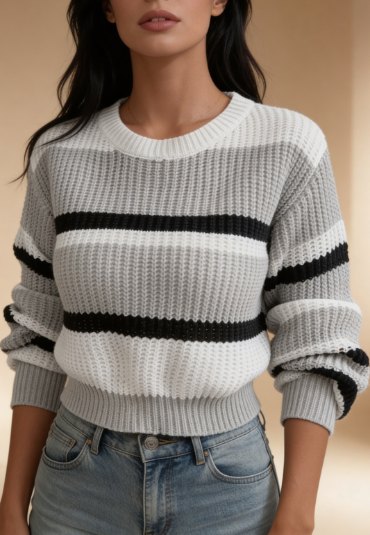 Biało-szary sweter damski w czarne pasy z okrągłym dekoltem
