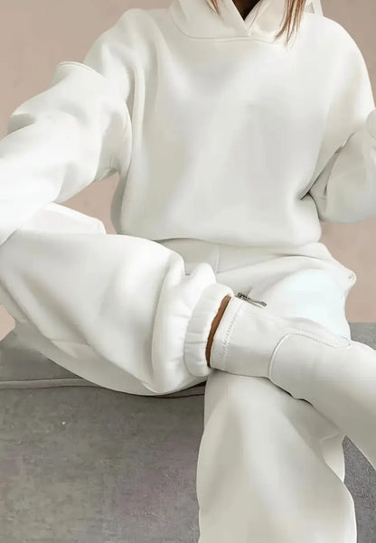 Biały komplet dresowy damski z kapturem i elastyczną talią