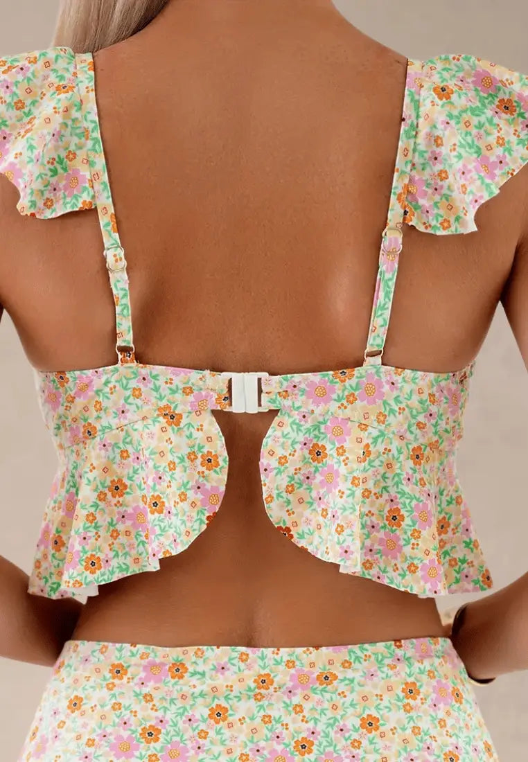 Żółty strój kąpielowy dwuczęściowy damski w uroczy kwiatowy wzór