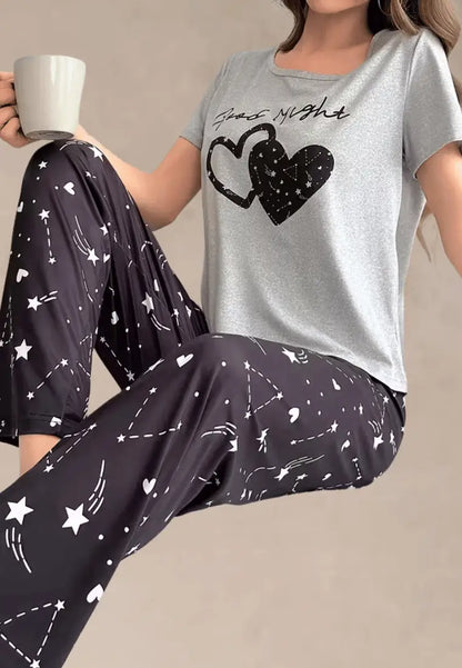 Szary komplet piżamowy damski z krótkim rękawem i długimi spodniami