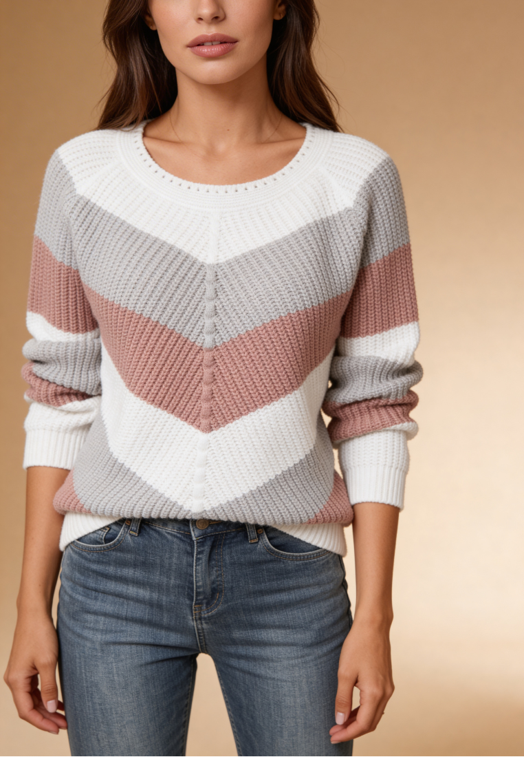 Pastelowy sweter damski w pasy z okrągłym dekoltem