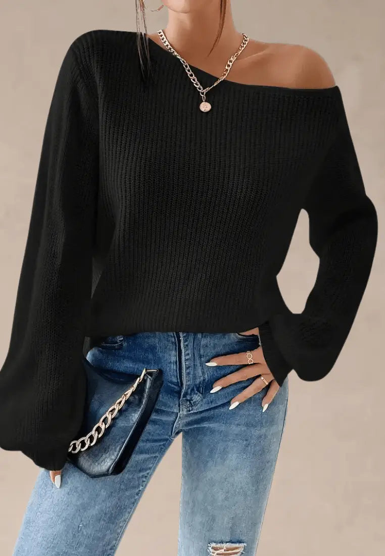 Czarny sweter damski z dekoltem w łódkę