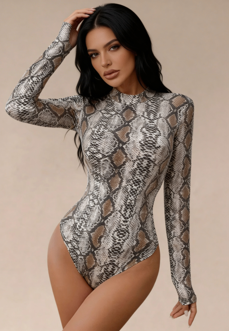 Body damskie wężowy wzór z długim rękawem