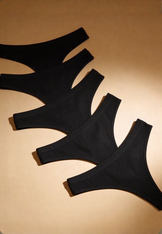 Zestaw 5 szt. stringi majtki damskie bawełniane prążkowane czarne