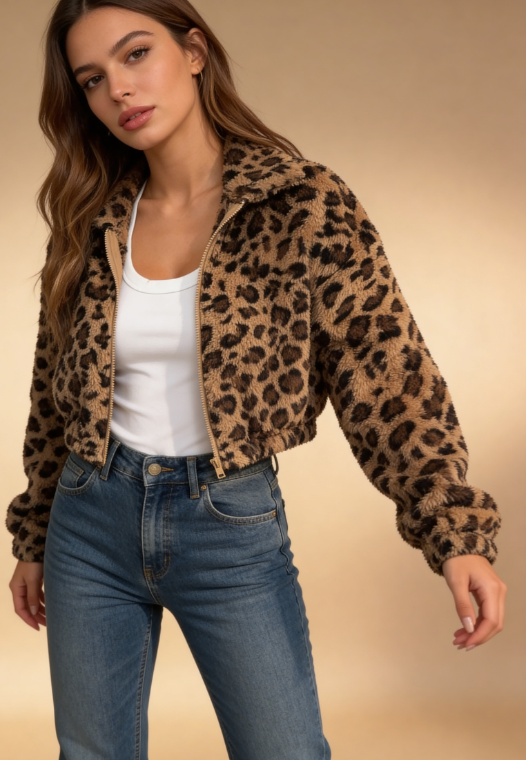 Panterkowa kurtka damska wzorzysta polarowa krótka na zamek