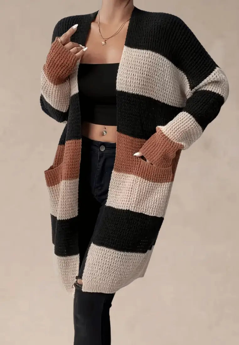 Paskowany kardigan damski oversize z kieszeniami gruby splot