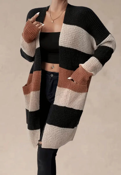 Paskowany kardigan damski oversize z kieszeniami gruby splot