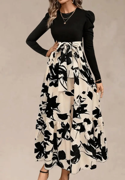 Czarna sukienka z beżową spódnicą maxi z printem i wiązaniem