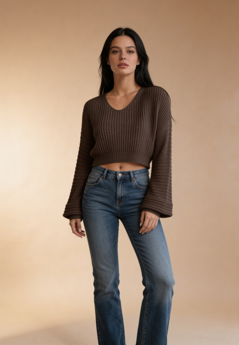 Brązowy sweter damski oversize z dekoltem V