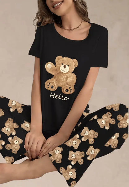 Czarny komplet piżamowy damski z krótkim rękawem i długimi spodniami z misiami