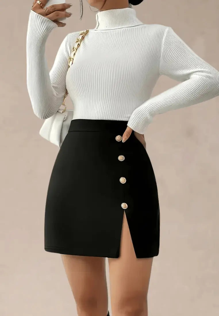 Czarna spódniczka damska dopasowana mini wysoki stan guziki z boku