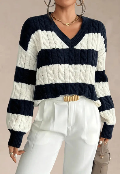 Granatowo-kremowy sweter damski w paski z dekoltem V