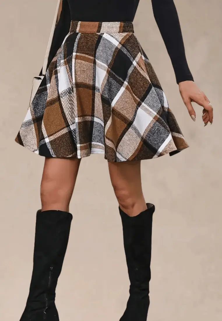 Brązowa spódniczka damska rozkloszowana mini wysoki stan kratka
