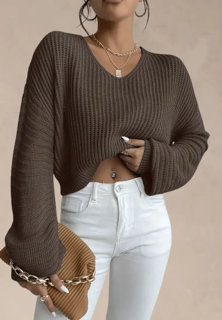 Ciemnobrązowy sweter damski oversize z dekoltem V
