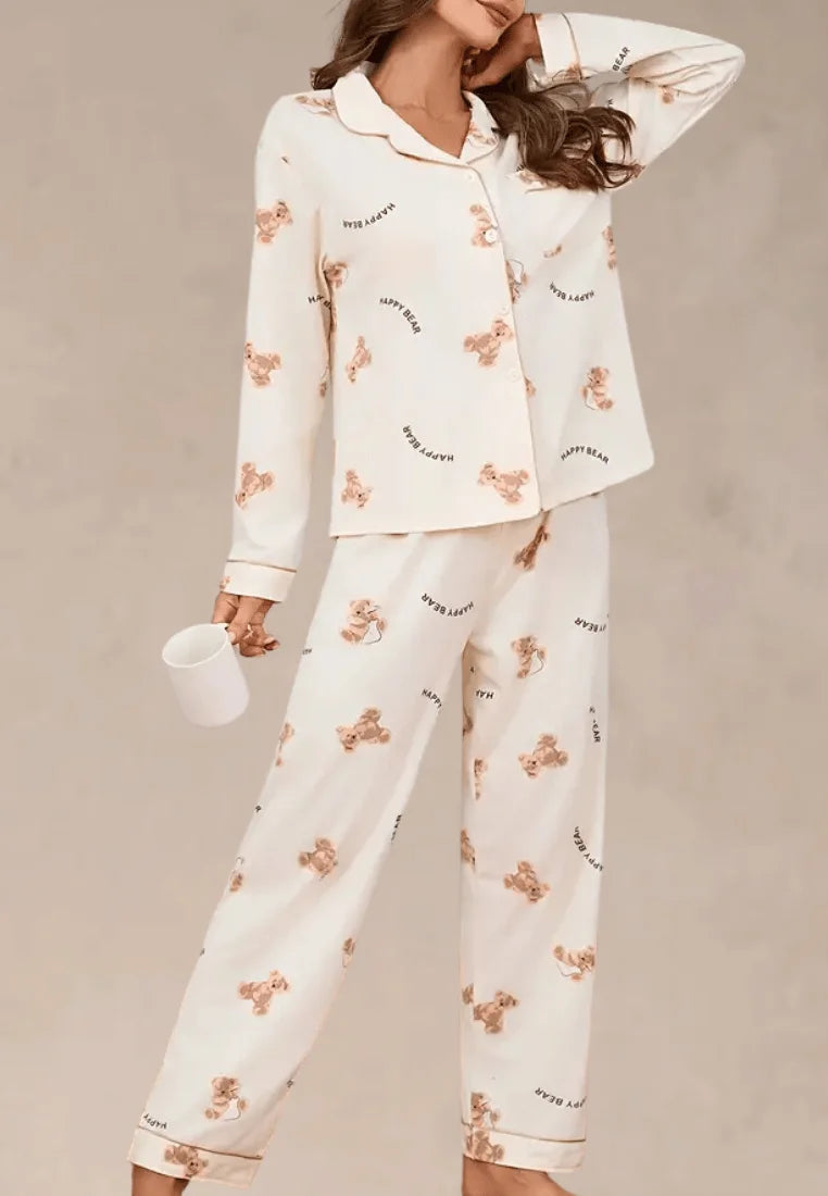 Kremowy komplet piżamowy damski z długim rękawem i spodniami w misie