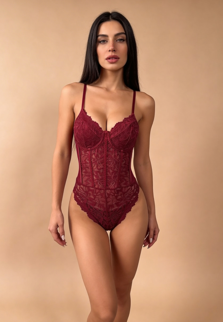 Bordowe body damskie koronkowe z fiszbinami i regulowanymi ramiączkami