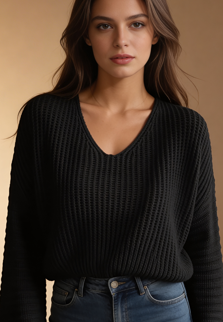 Czarny sweter damski oversize z dekoltem V