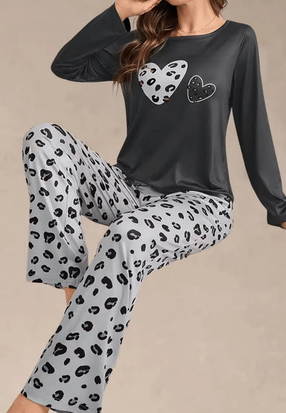 Ciemnoszary komplet piżamowy damski z długim rękawem i długimi spodniami w panterkę