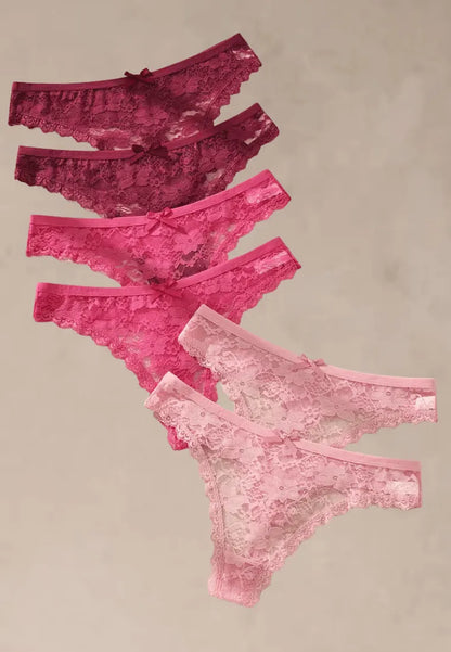 Zestaw 6 szt. stringi majtki damskie koronkowe bawełniane różowe i bordowe
