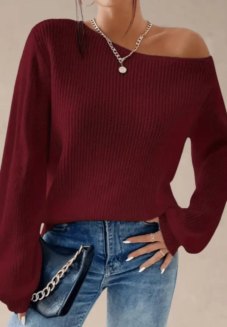 Bordowy sweter damski z dekoltem w łódkę