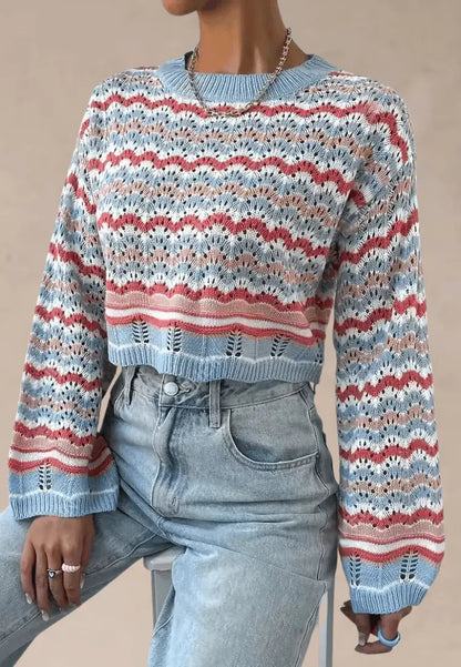 Wielokolorowy sweter damski ażurowy z okrągłym dekoltem
