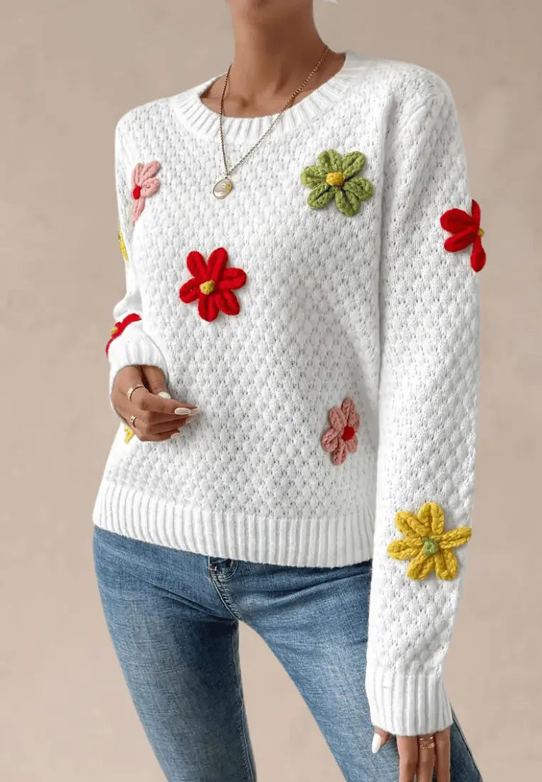 Biały sweter damski z kolorowymi kwiatkami 3D i okrągłym dekoltem