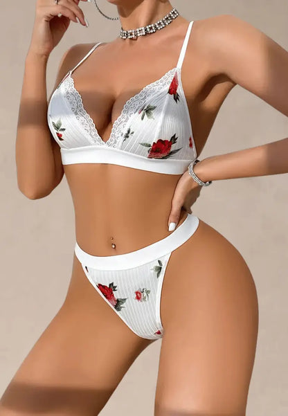 Biały komplet bielizny damski biustonosz i stringi w czerwone róże koronkowe
