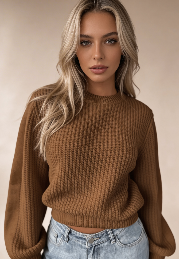 Brązowy sweter damski oversize o grubym splocie
