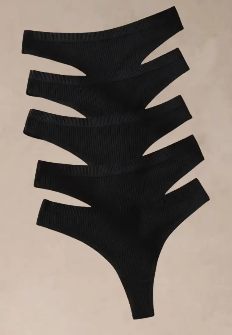 Zestaw 5 szt. stringi majtki damskie bawełniane prążkowane czarne
