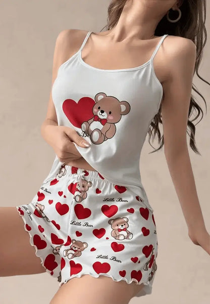 Biały komplet piżamowy damski z topem na ramiączkach i szortami w misie