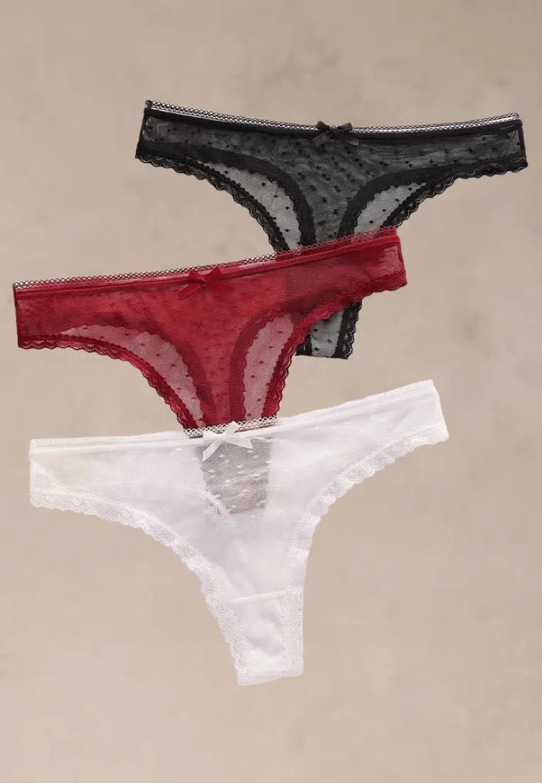 Zestaw 3 szt. stringi majtki damskie koronkowe bawełniane czarne, białe i czerwone