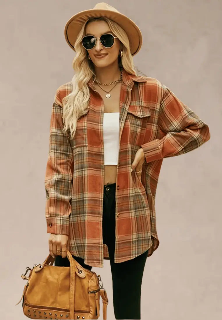 Pomarańczowa koszula damska flanelowa w kratę z kieszenią i guzikami