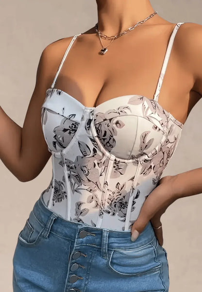 Białe body damskie gorsetowe w kwiatowy wzór na ramiączkach