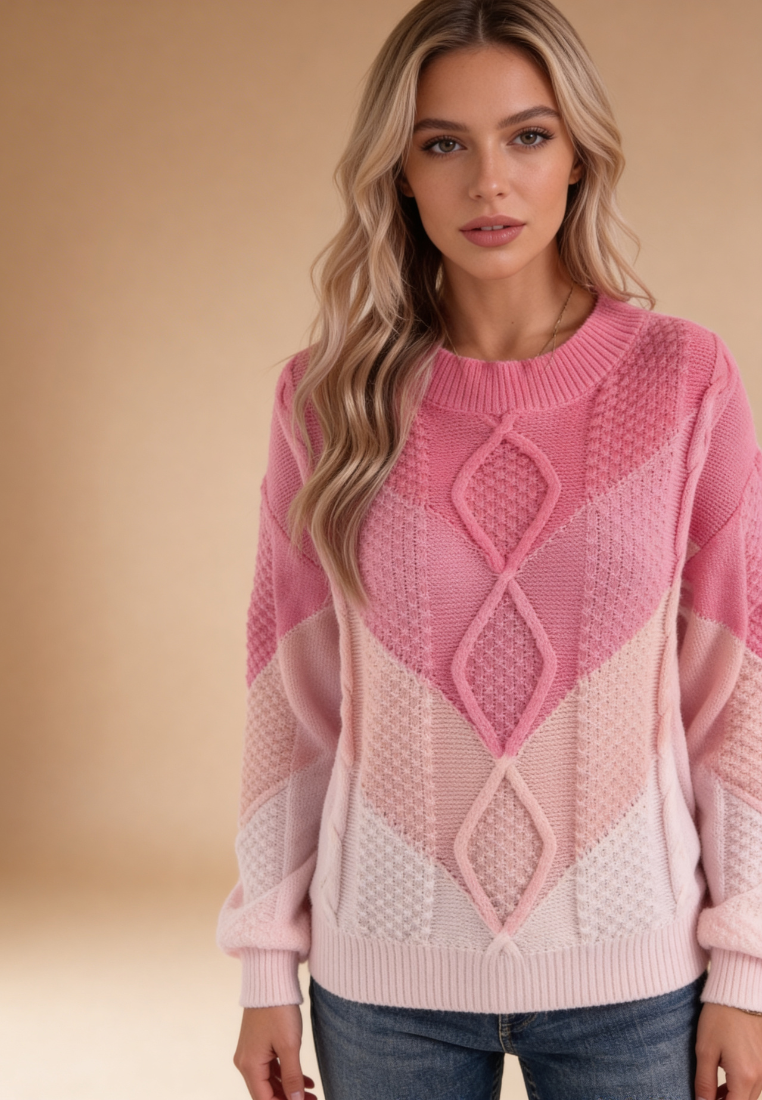 Różowy sweter damski z geometrycznym wzorem i okrągłym dekoltem
