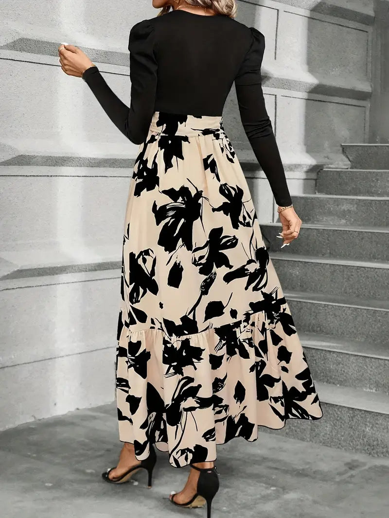 Elegancka sukienka maxi z czarnym topem i kwiatowym dołem w beżu