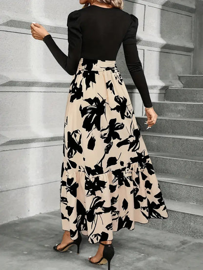 Elegancka sukienka maxi z czarnym topem i kwiatowym dołem w beżu