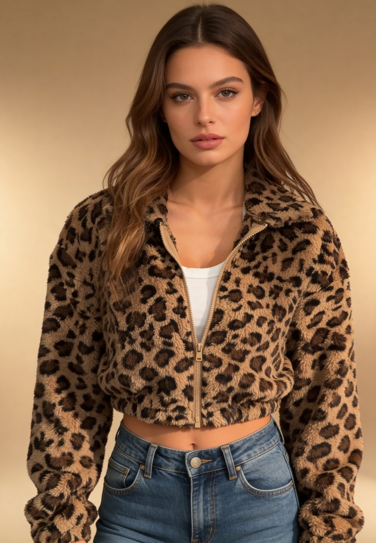 Panterkowa kurtka damska wzorzysta polarowa krótka na zamek