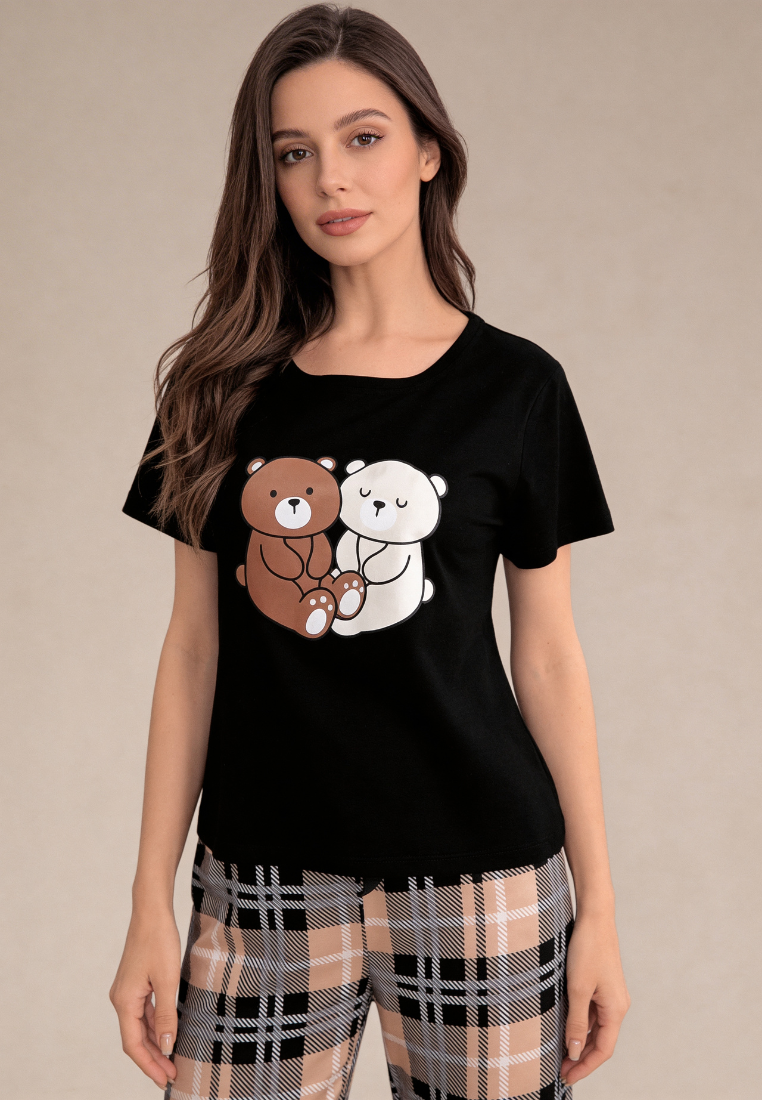 Czarny komplet piżamowy damski z krótkim rękawem i długimi spodniami