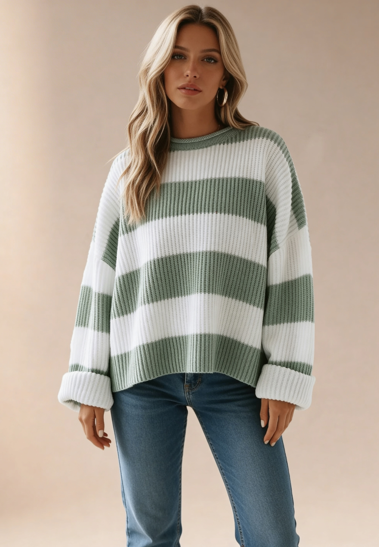 Zielono-biały sweter damski oversize w poziome pasy