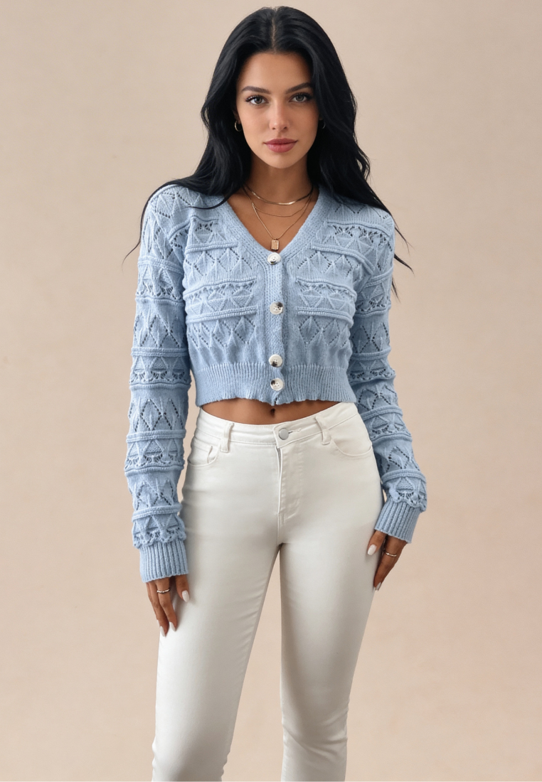 Błękitny kardigan damski ażurowy krótki fason perełkowe guziki