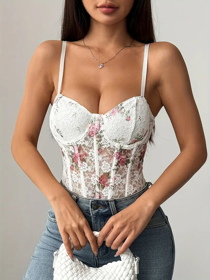 Body damskie koronkowe białe w kwiaty z fiszbinami