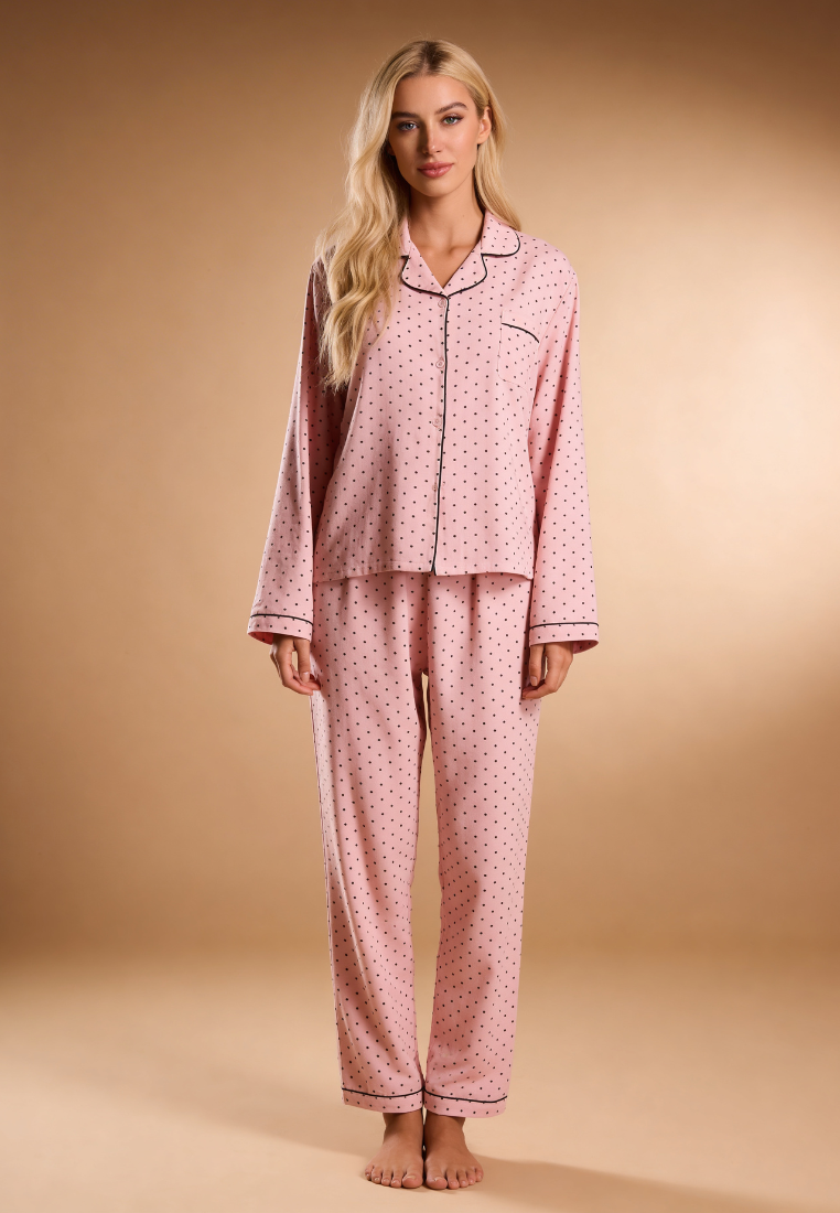 Różowy komplet piżamowy damski z długim rękawem i spodniami w groszki