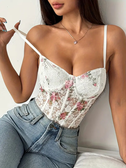 Body damskie koronkowe białe w kwiaty z fiszbinami