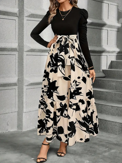 Elegancka sukienka maxi z czarnym topem i kwiatowym dołem w beżu