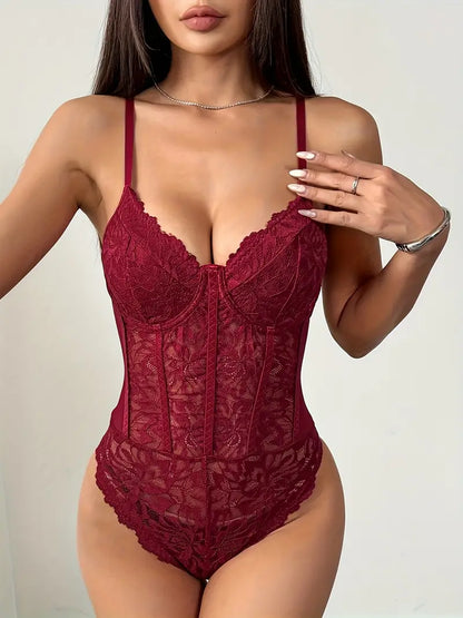Bordowe koronkowe body z usztywnianymi miseczkami