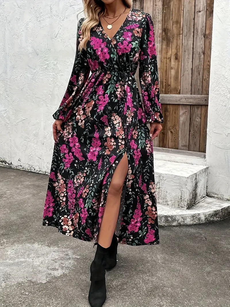 Czarna sukienka maxi w różowo-brązowe kwiaty z rozcięciem na nodze
