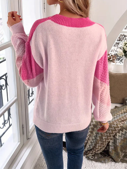 Różowy sweter damski z geometrycznym wzorem i efektem ombre