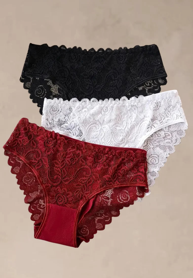 Zestaw 3 szt. figi majtki damskie bawełniane koronkowe w czerni, bieli i czerwieni