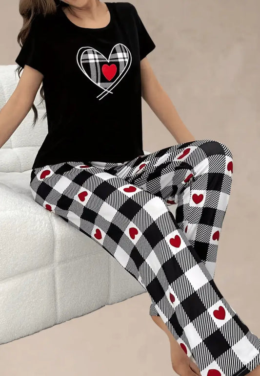 Komplet piżamowy damski z krótkim rękawem i długimi spodniami w kratę