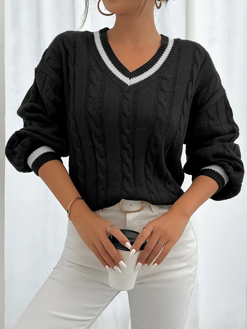 Sweter w warkoczowy splot z kontrastowymi ściągaczami Czarny